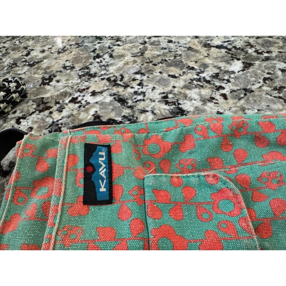 KAVU Keeper Teal Coral Floral Canvas Crossbody Bag Rope Strap Slim Travel Pouch